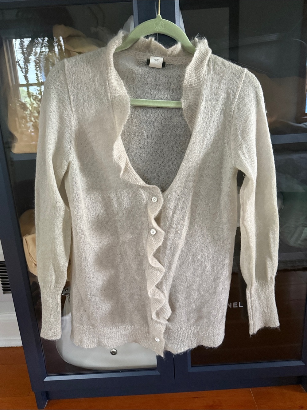 J. Crew Light Grey Ruffle-Front Mohair-Wool Blend Cardigan Sweater